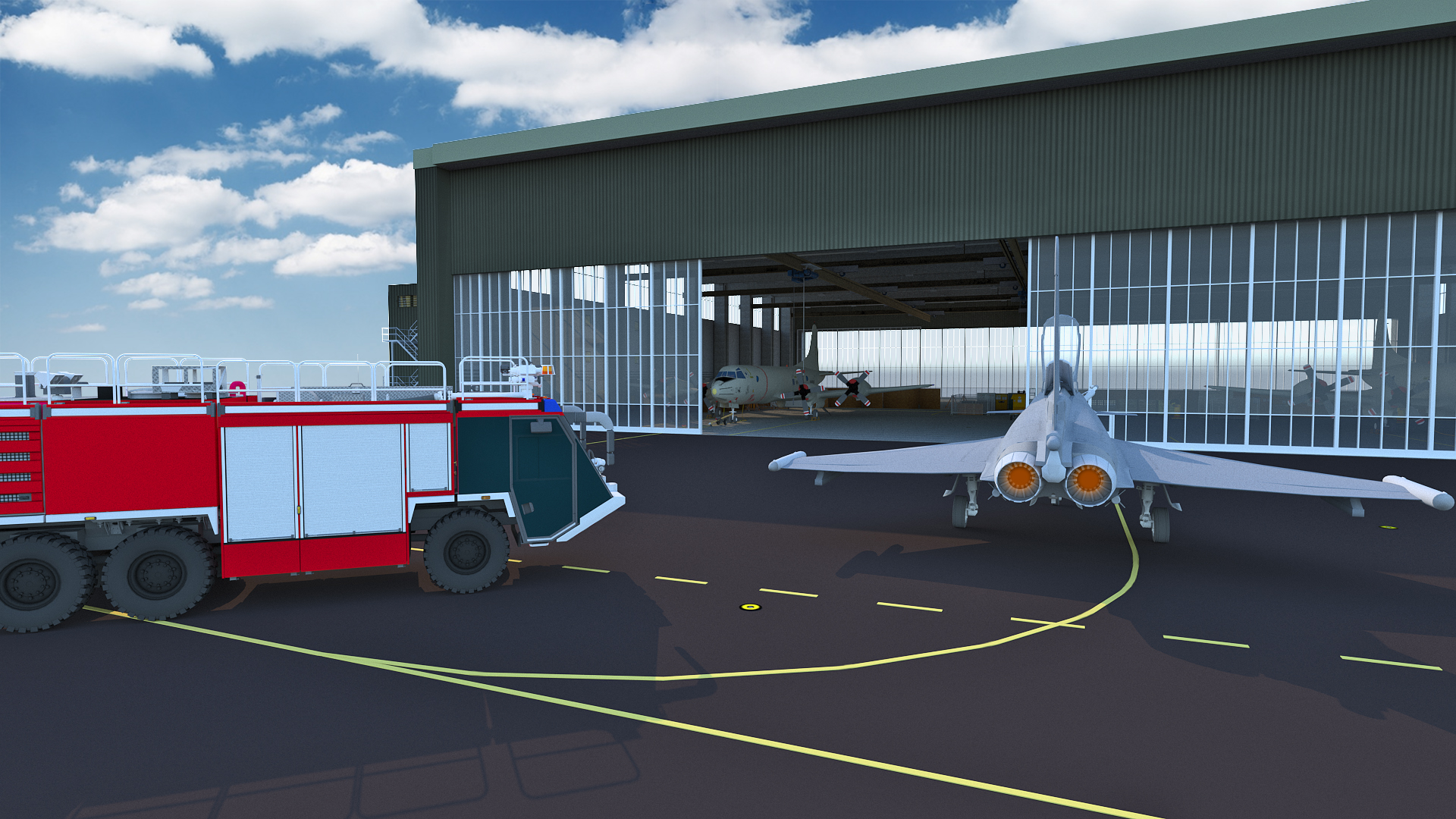 Screenshot Lernprogramm Brandbekämpfung mit Löschfahrzeug und Flugzeug auf Flughafen