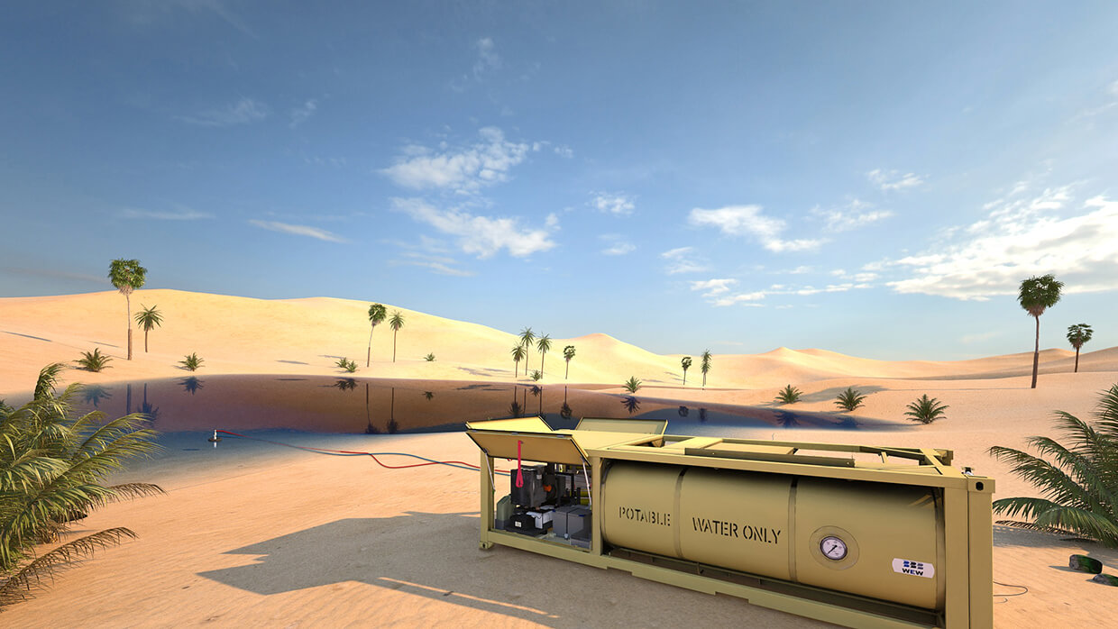 Screenshot Virtual-Reality-Simulation für die Inbetriebnahme von Wassertankcontainern mit Wasseraufbereitungsanlage