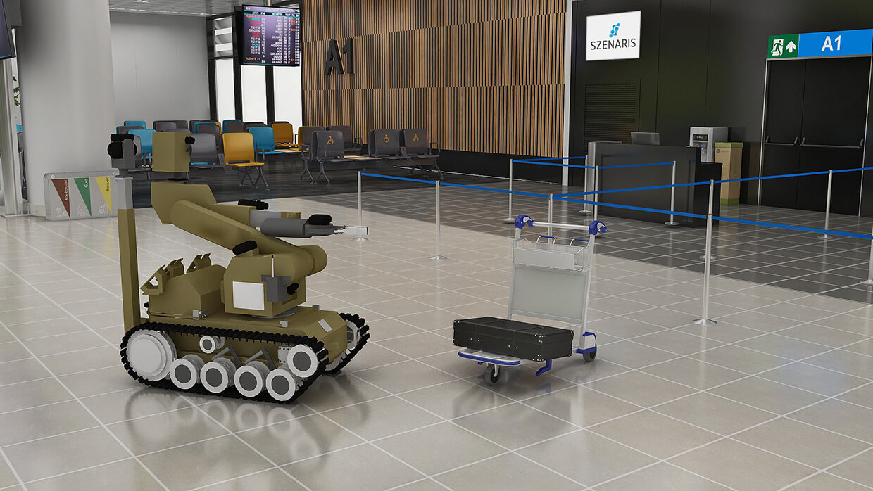 Screenshot Roboter Simulation; Manipulator untersucht verdächtigen Gegenstand am Flughafen