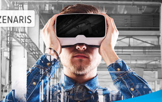 Collage Person nutzt Virtual-Reality-Anwendung in Werkshalle