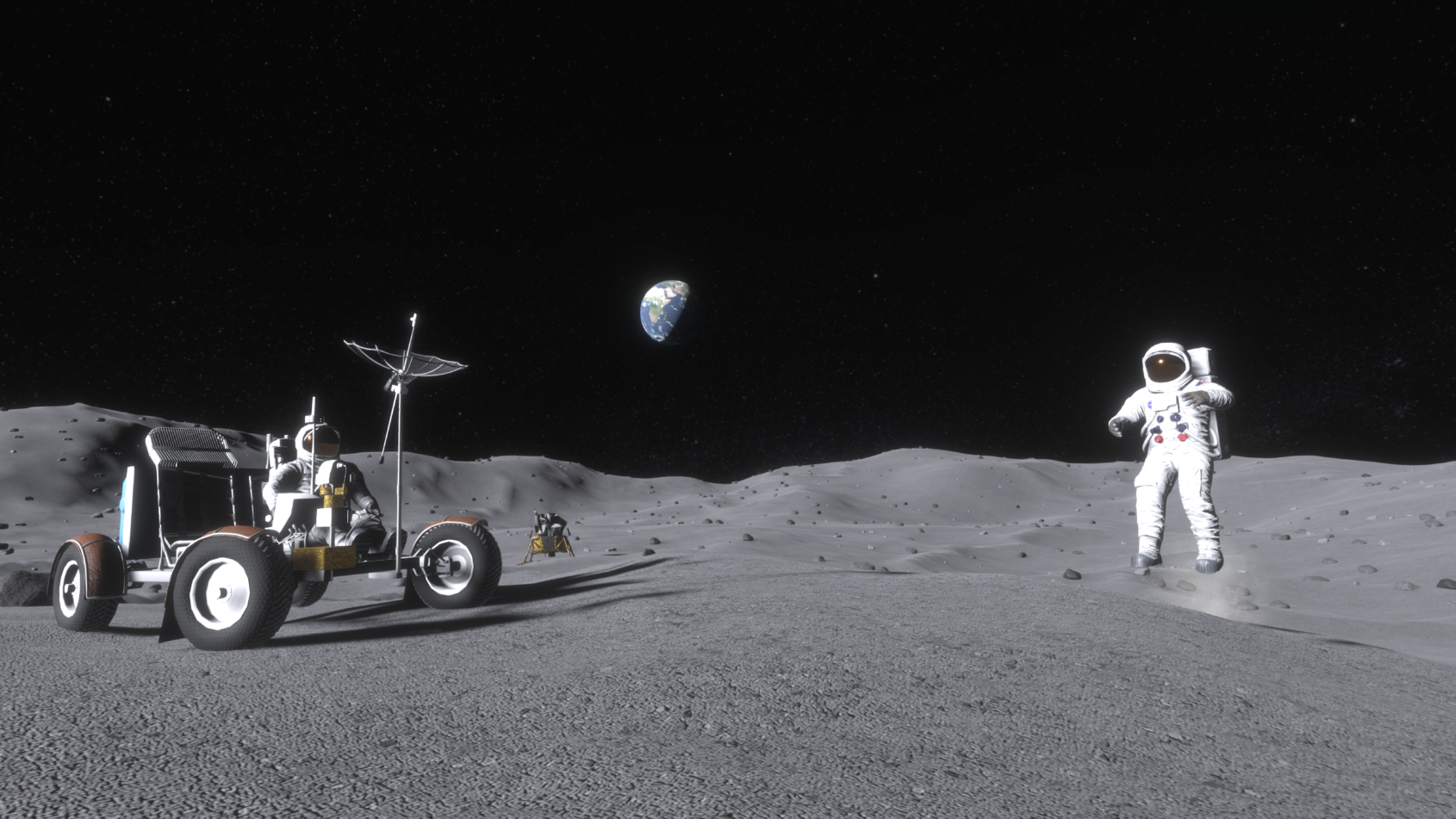 Screenshot Simulation Moon Jump: AstronautIn und Mondfahrzeug auf der Mondoberfläche, Erde im Hintergrund