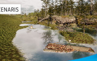 Screenshot 3D-Landschaft mit Hochwasser aus dem Virtual-Reality-Trainingssystem Deichverteidigung