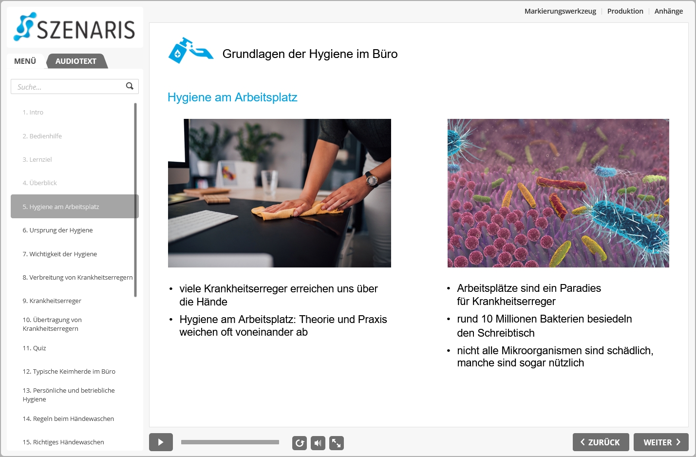 Screenshot E-Learning E-Learning Grundlagen der Hygiene im Büro, Hygiene im am Arbeitsplatz, Mitarbeiter wischt Schreibtisch und Makroaufnahme von Krankheitserregern