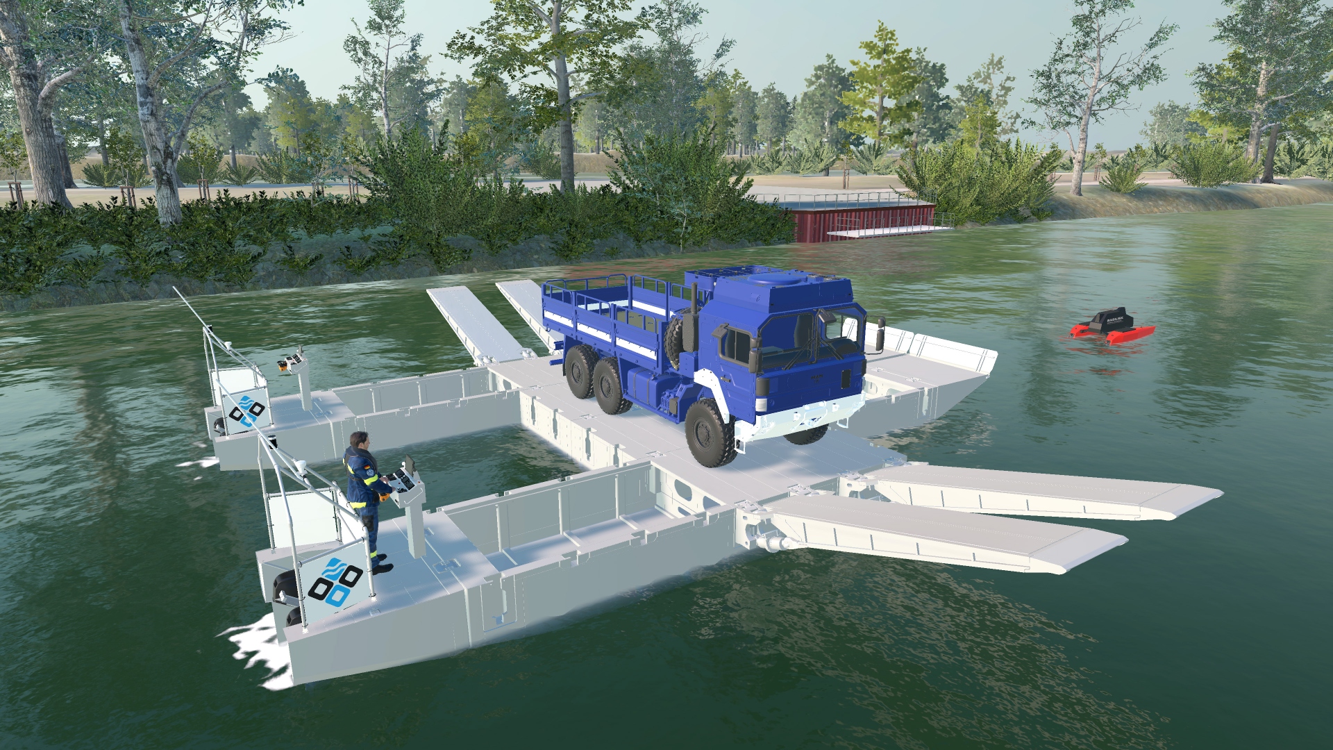 Virtual-Reality-Simulation Ponton Boot (PoBo) Screenshot Virtual-Reality-Simulation Ponton Boot (PoBo): Ponton Boot transportiert Einsatzfahrzeug THW durch überflutetes Gelände, vorne Schwimmdrohne