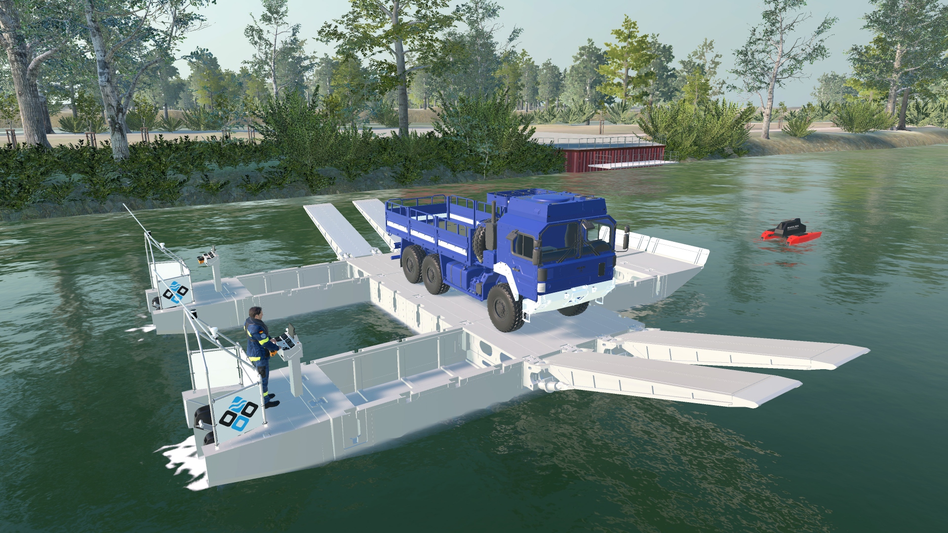 Screenshot Virtual-Reality-Simulation Ponton Boot (PoBo): Ponton Boot transportiert Einsatzfahrzeug THW durch überflutetes Gelände, vorne Schwimmdrohne