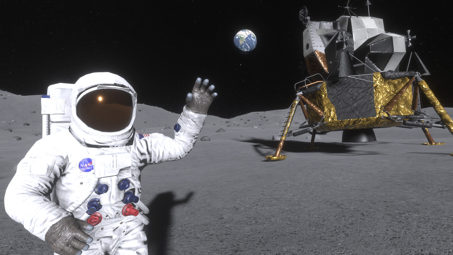 Screenshot Simulation Moon Jump: Astronaut und Kondlandefähre auf dem Mond im Hintergrund die Erde