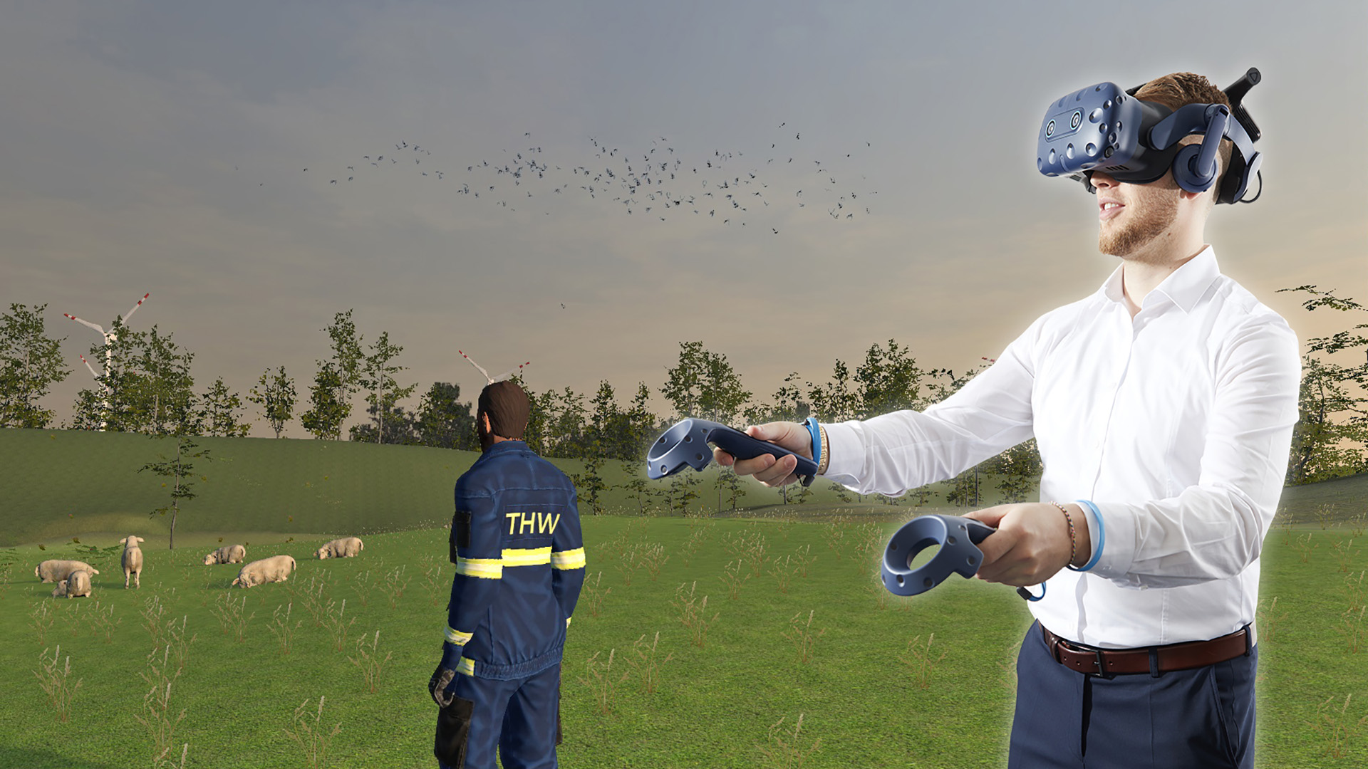 Screenshot Virtual Reality Simulation Deichverteidigung: Mann steuert THW-Avatar über einen virtuellen Deichabschnitt