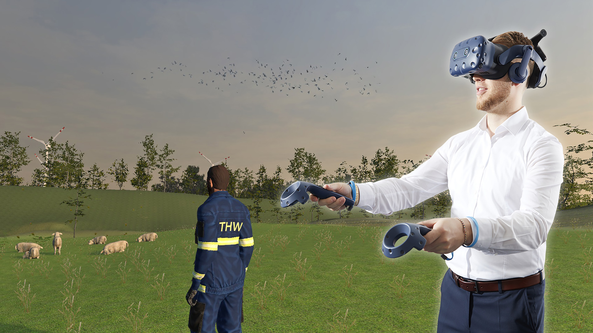 Virtual Reality Simulation Deichverteidigung Vorschau Screenshot Virtual Reality Simulation Deichverteidigung: Mann steuert THW-Avatar über einen virtuellen Deichabschnitt