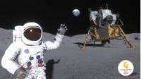 Screenshot Simulation Moon Jump: Astronaut und Kondlandefähre auf dem Mond im Hintergrund die Erde
