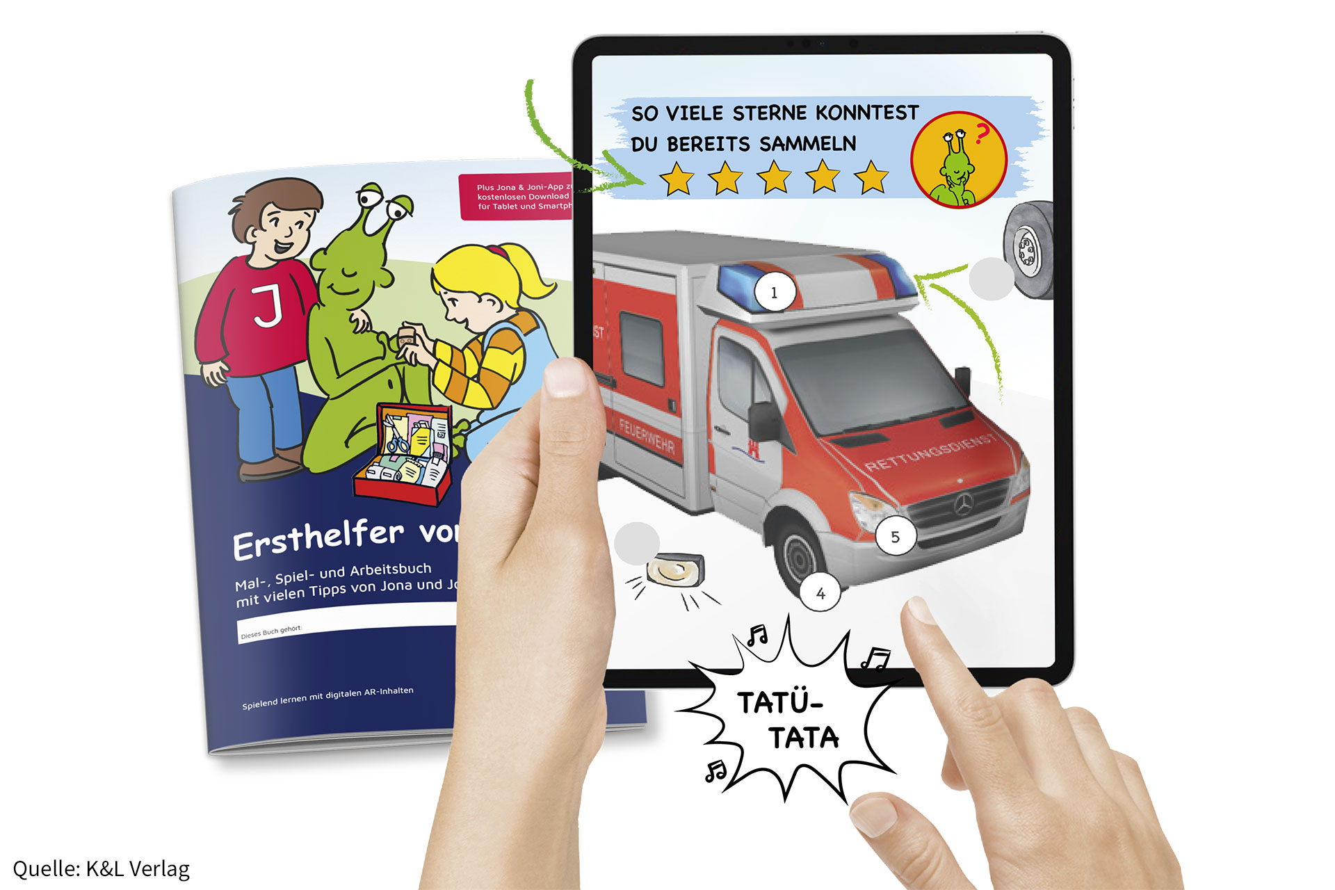 Ansicht Arbeitsbuch und App der Johanniter zur Ersten Hilfe