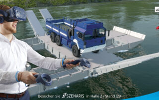 Virtual Reality Simulation HYDRA: Mann steuert Ponton Boot mit Einsatzfahrzeug des THW über überflutetes Gelände