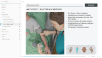 Screenshot Lernprogramm PflegeDigital 2.0; Pflegepersonal nimmt Blutdruckmessung vor