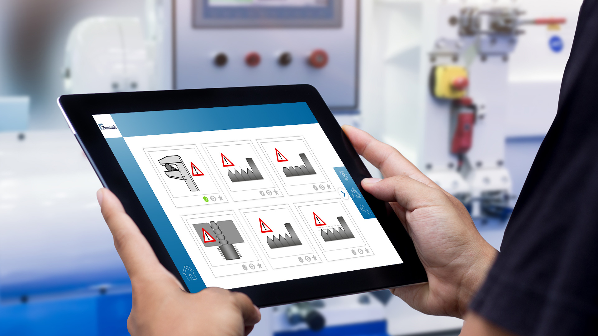 Person nutzt digitales Assistenzsystem auf Tablet zur Montage