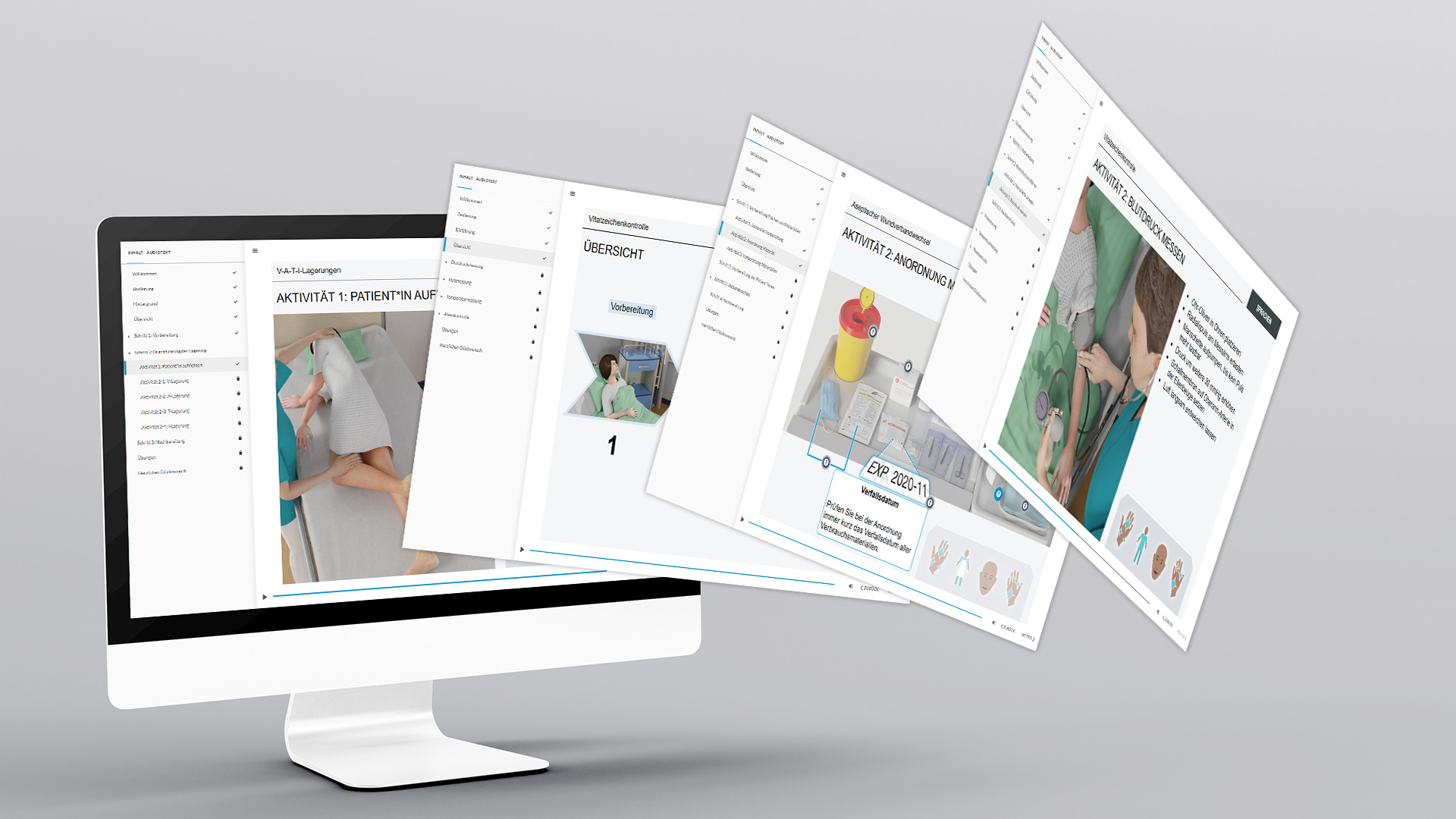 Screenshots der Lernprogramme aus dem Projekt PflegeDigital 2.0 Ausbildung von Pflegekräften mit E-Learning